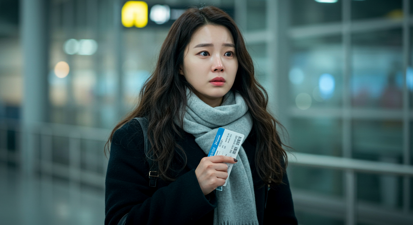 공항에서 캄보디아행 티켓을 들고 불안한 표정을 짓고 있는 한국 여배우