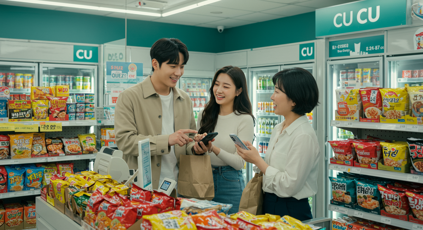 CU편의점에서 퀴즈로 얻은 할인 쿠폰을 사용하는 커플