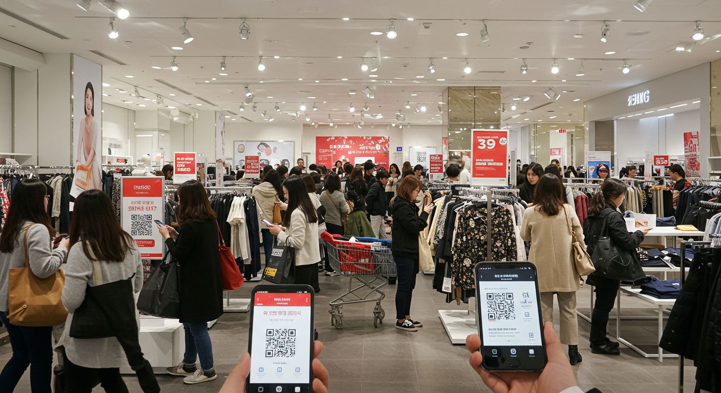 백화점 쇼핑 이벤트 중 스마트폰으로 할인을 확인하는 소비자들