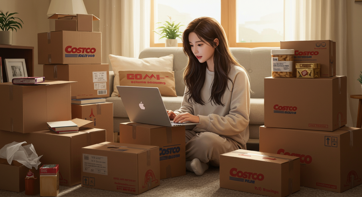 젊은 여성이 집에서 코스트코 온라인 플랫폼으로 쇼핑하며 배달된 물건들에 둘러싸여 있는 모습