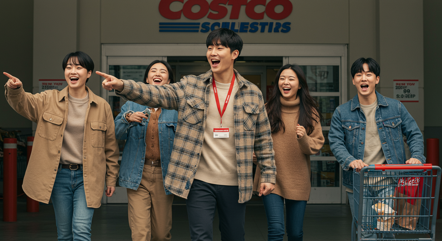 친구들이 코스트코 멤버십 소유자와 함께 매장에 들어가는 즐거운 모습
