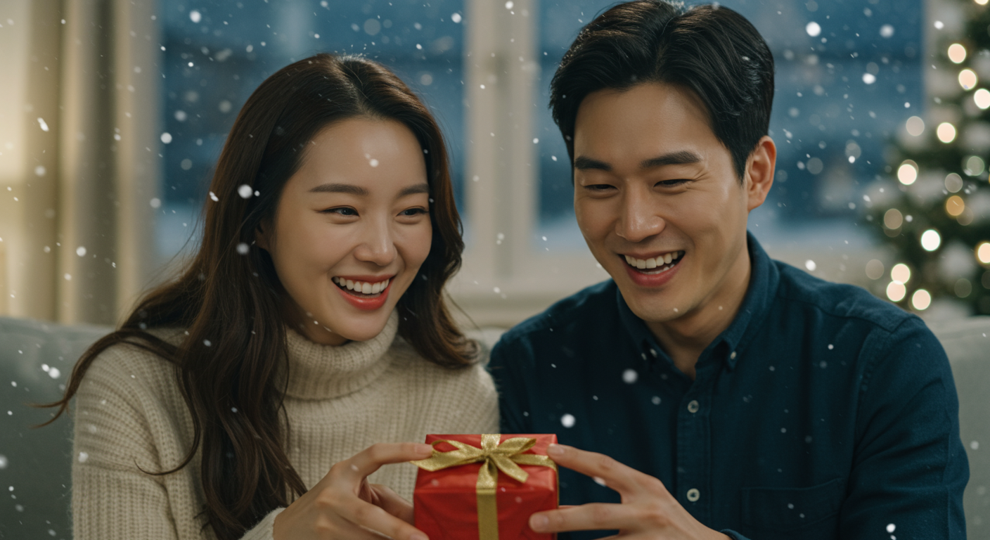 크리스마스에 화상 통화로 서로 선물을 주고받는 한국 커플
