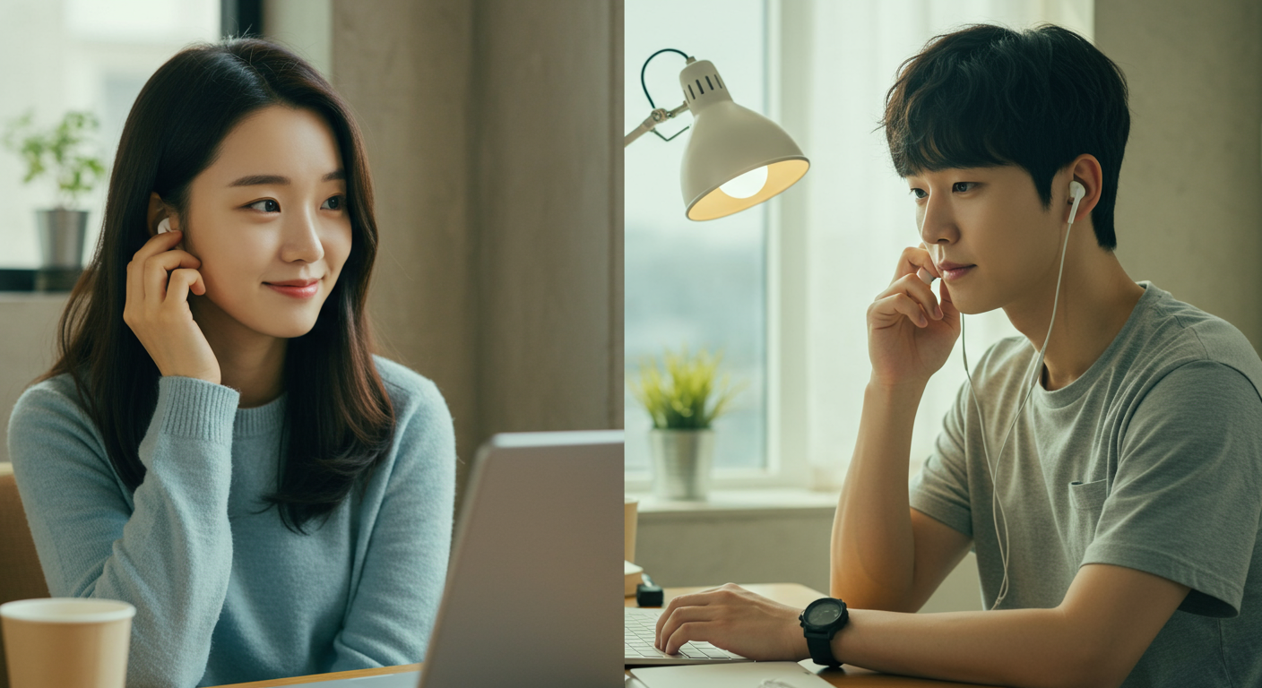 떨어져 있지만 이어폰을 나눠 끼고 함께 음악을 듣는 한국 커플
