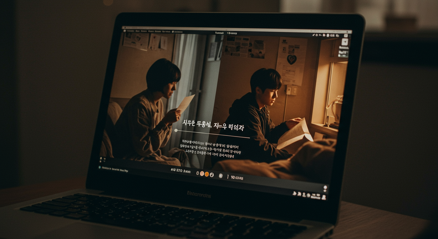 한글 자막이 포함된 노트북 화면에 재생되는 감성적인 커버 영상