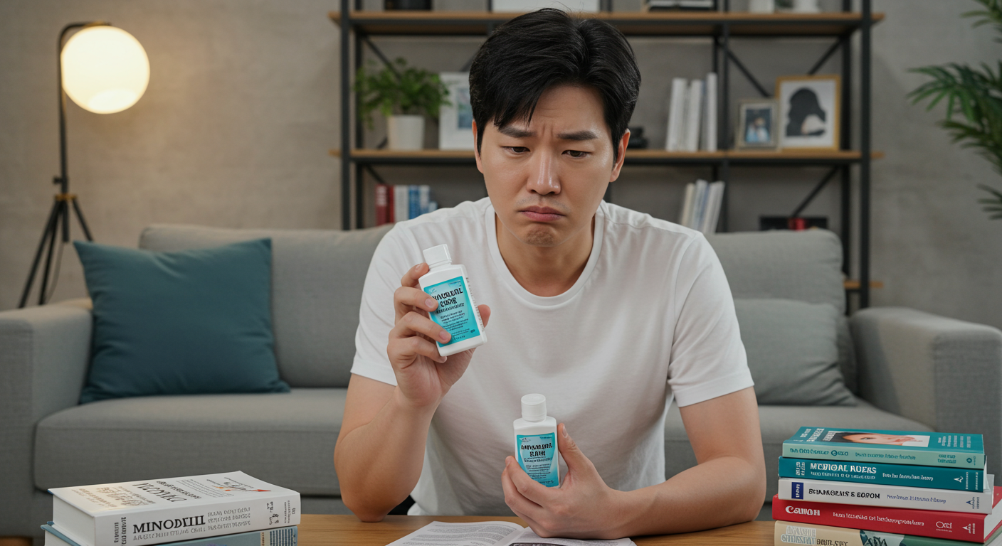 미녹시딜을 들고 고민하는 남자의 모습