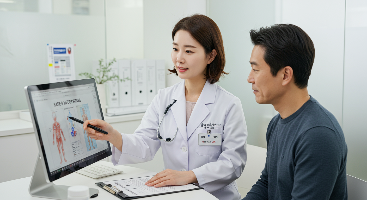 현대식 진료실에서 환자와 상담하는 의사
