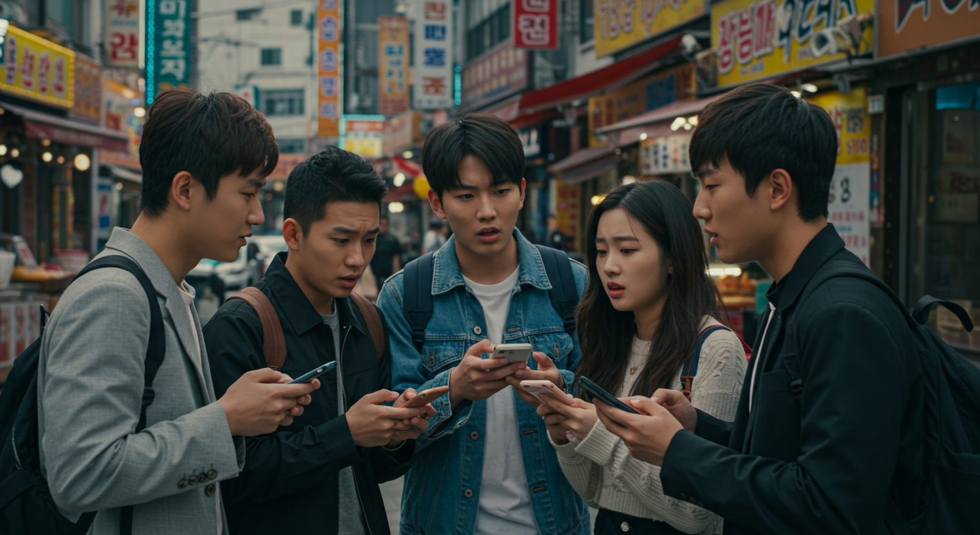 도시 배경에서 스마트폰을 사용하며 온라인 이슈를 토론하는 청소년들