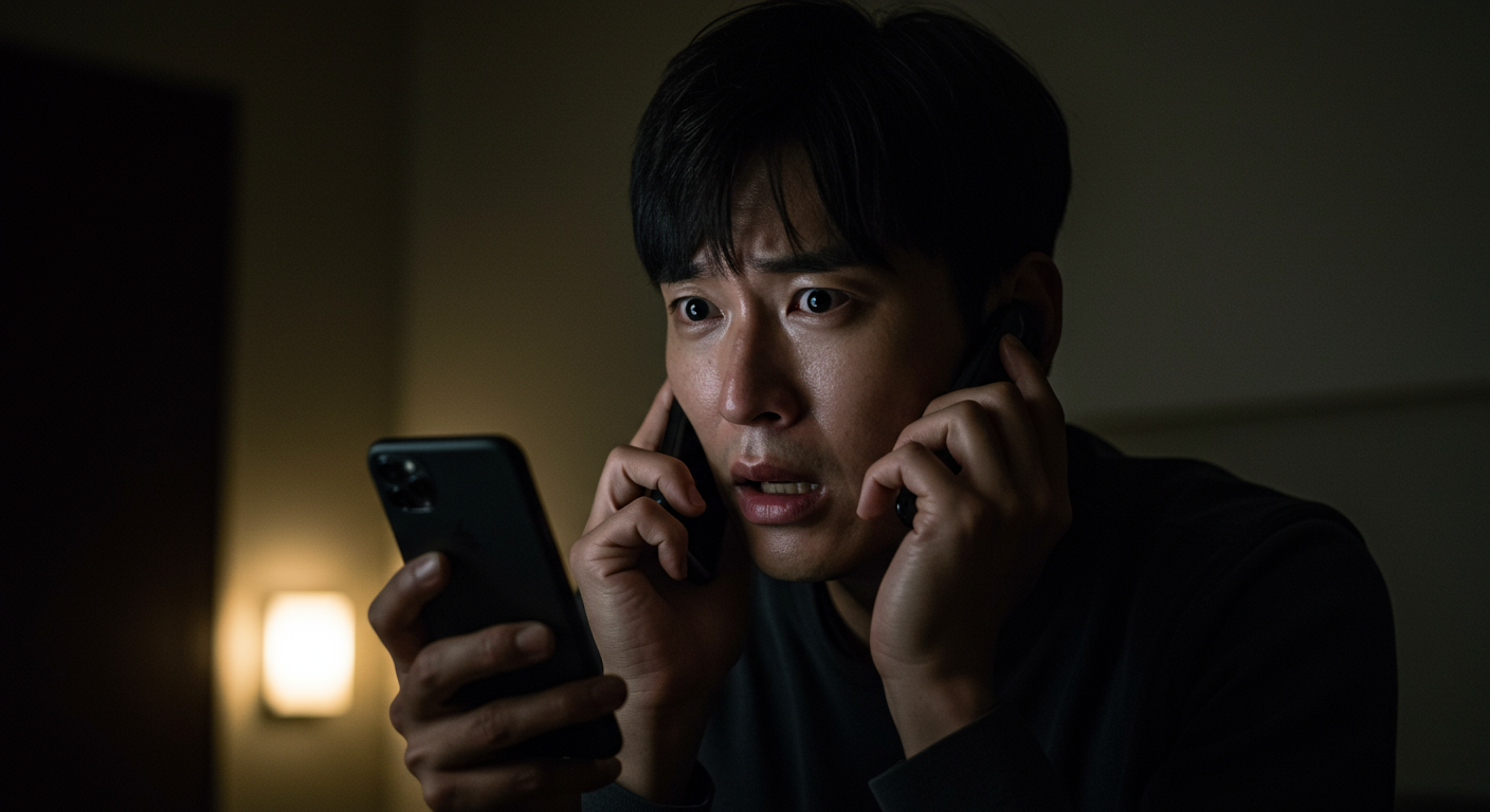 어두운 방에서 스마트폰으로 경찰에 신고하는 긴박한 상황의 남성