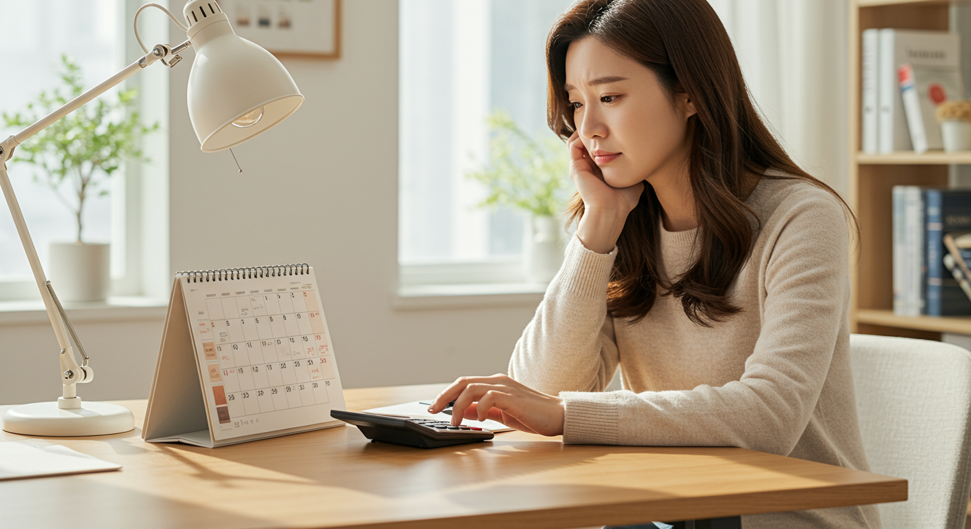 책상에 앉아 달력과 계산기를 보며 임신 주수를 고민하는 여성의 모습