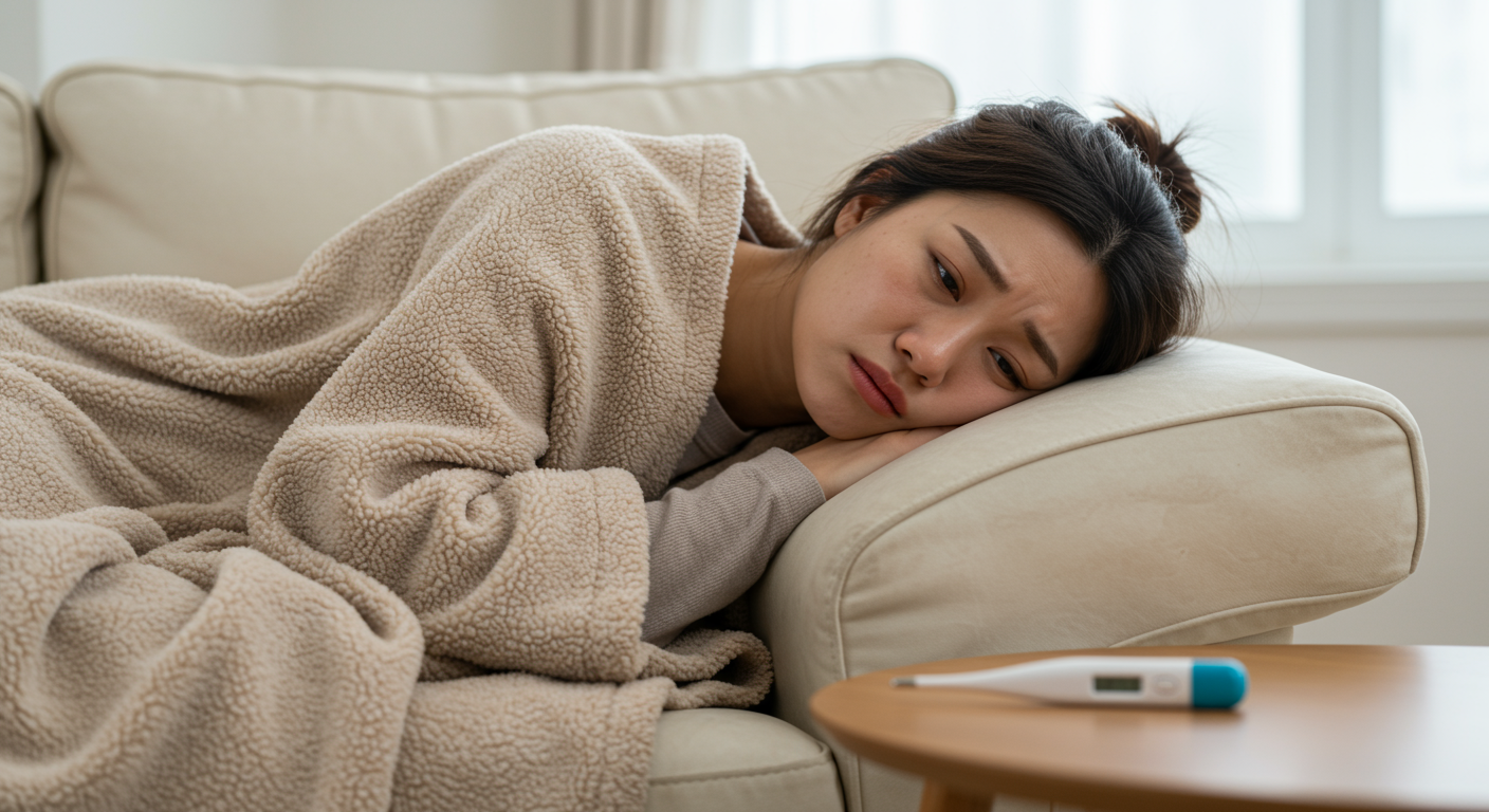 피곤해 보이는 여성이 담요를 덮고 소파에 누워 있으며 옆에는 체온계가 놓여있는 장면