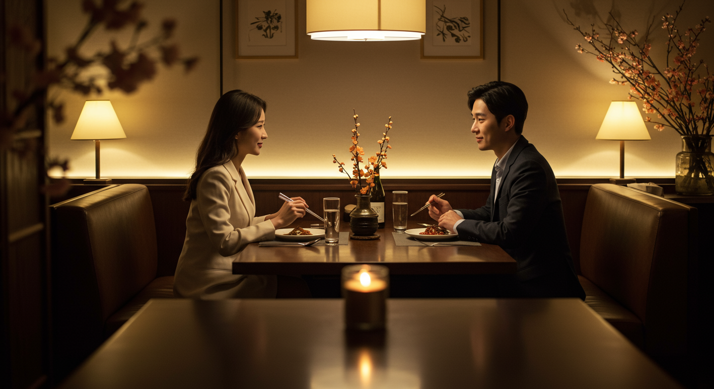 레스토랑에서 데이트를 즐기는 한국 커플의 로맨틱한 장면