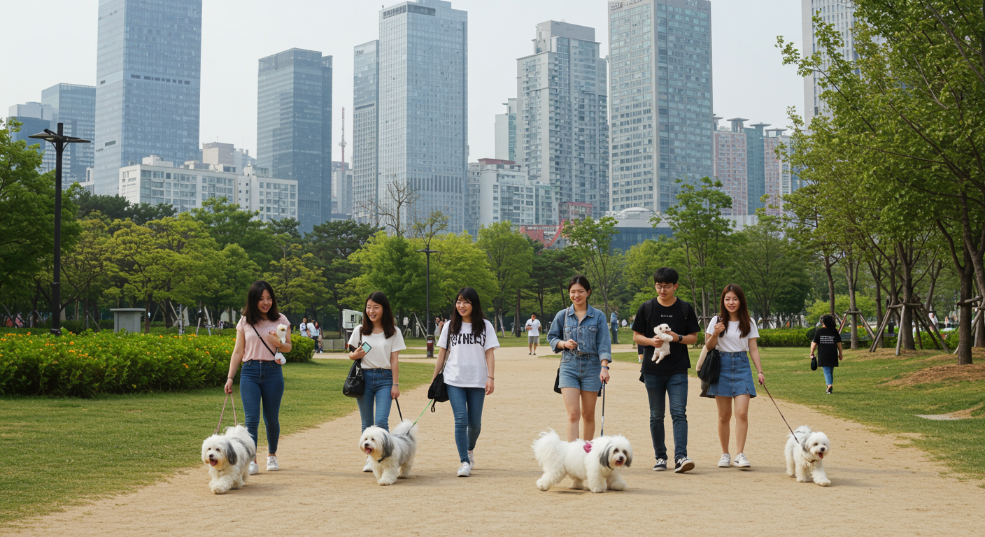 도심 공원에서 사람들이 꼬똥 드 툴레아와 산책하는 모습