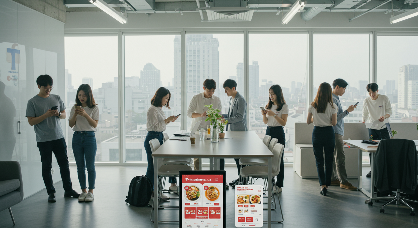 사무실 내 직원들이 점심시간에 스마트폰으로 T멤버십 상태 확인하는 장면