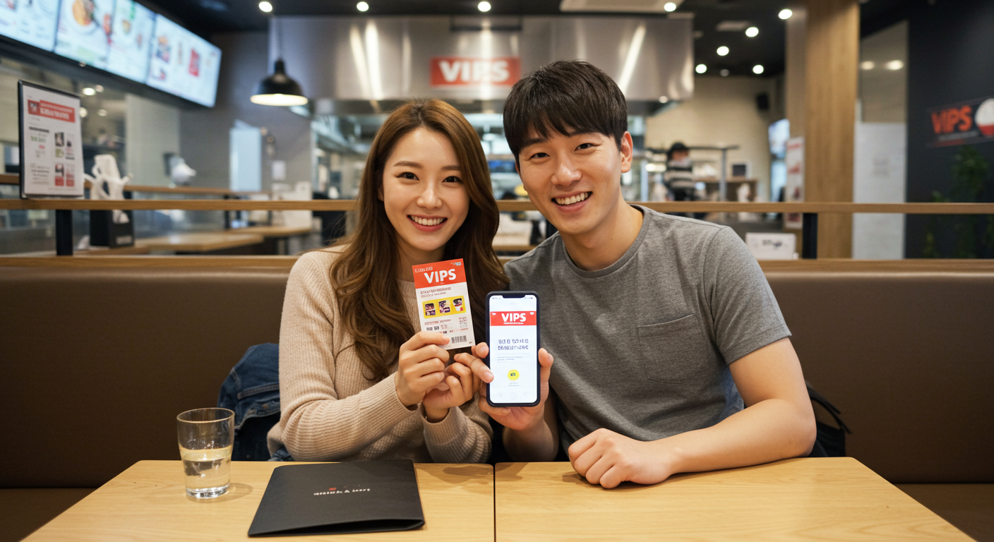 젊은 커플이 레스토랑에서 쿠폰을 보여주는 모습