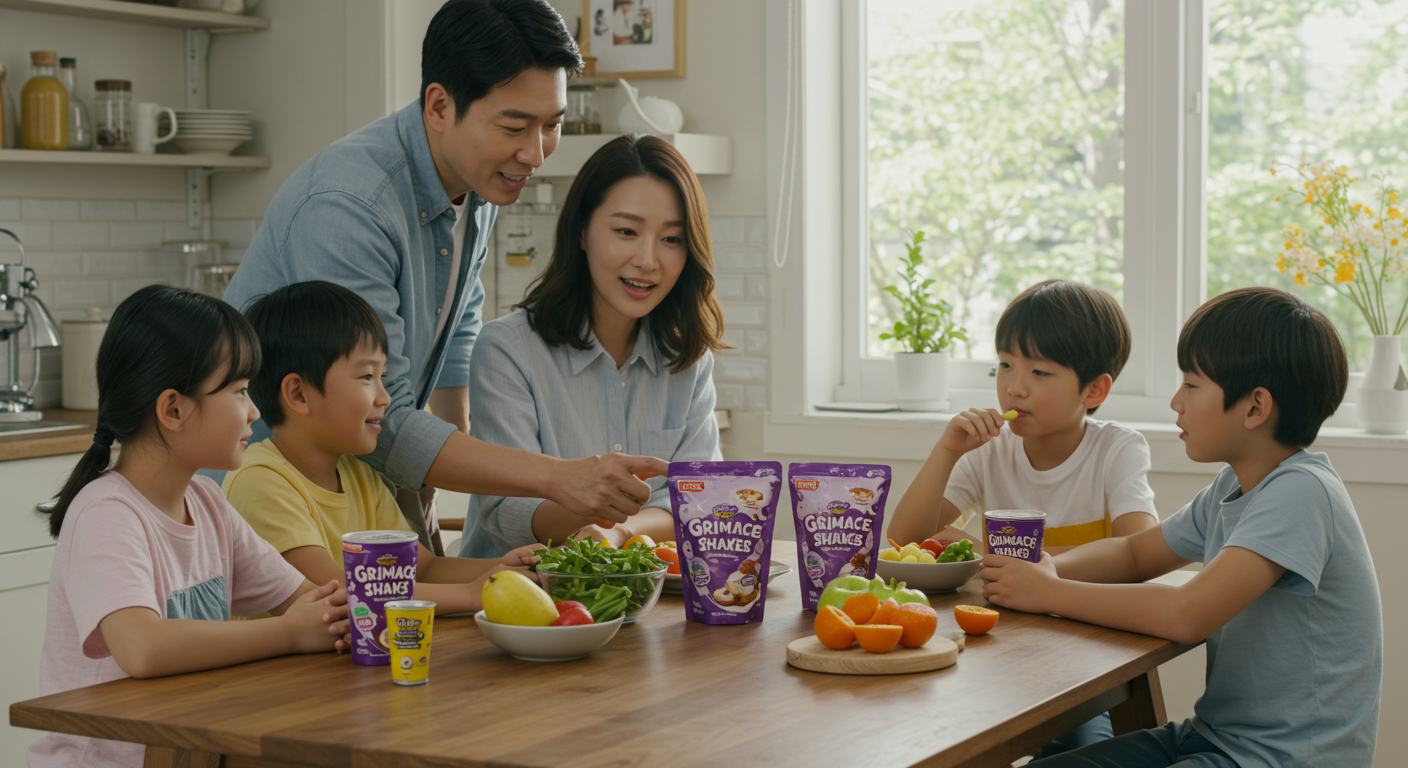 가족이 집에서 그리머스 쉐이크를 즐기며 당분 섭취에 신경 쓰는 모습