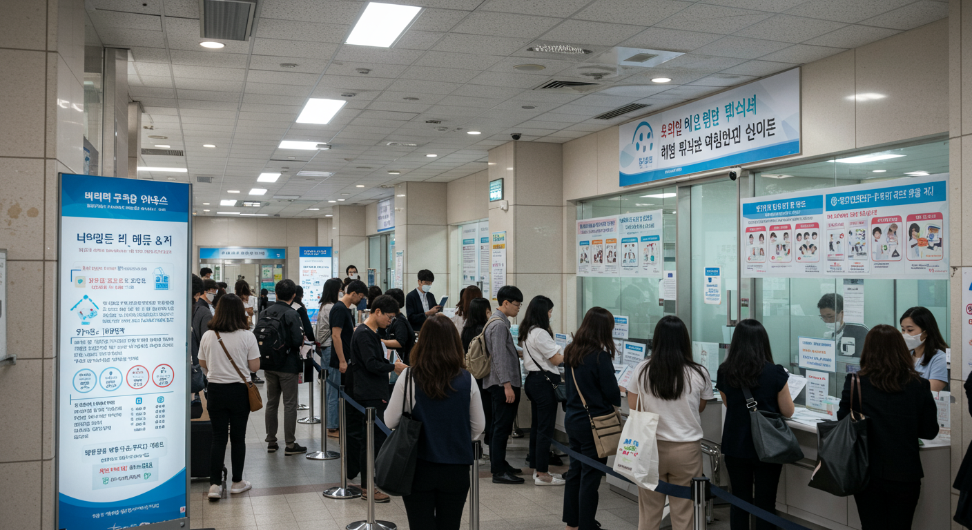 서울 공공 보건소에서 보건증을 받기 위해 줄 서 있는 사람들