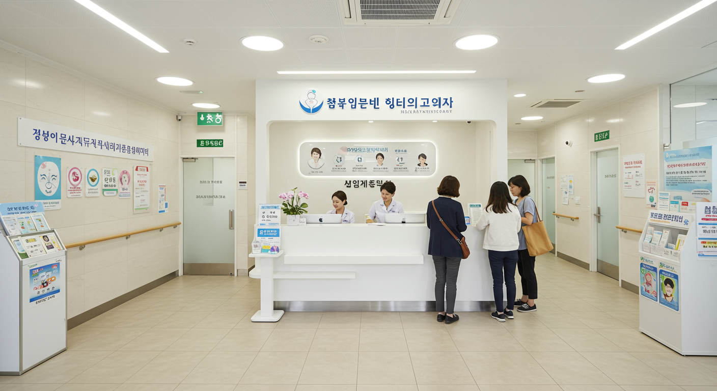 건강 검진 안내판이 있는 한국의 의료시설 내부 모습