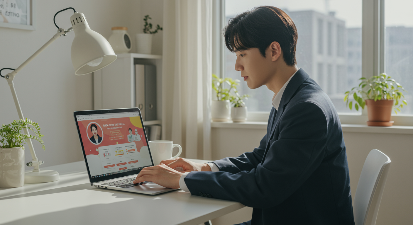 집에서 노트북으로 공공보건포털에 접속 중인 젊은 한국인 전문직 모습