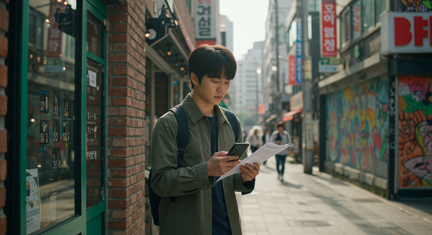서울의 현대적인 카페 앞에서 스마트폰을 보며 서류에 대해 고민하는 젊은 성인의 모습