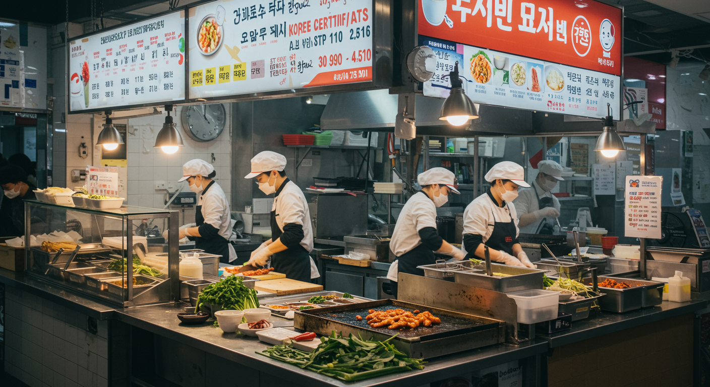 식품 산업에서 건강 진단 결과서의 중요성을 강조하며 음식을 준비하는 한국인 직원들이 있는 활기찬 푸드코트