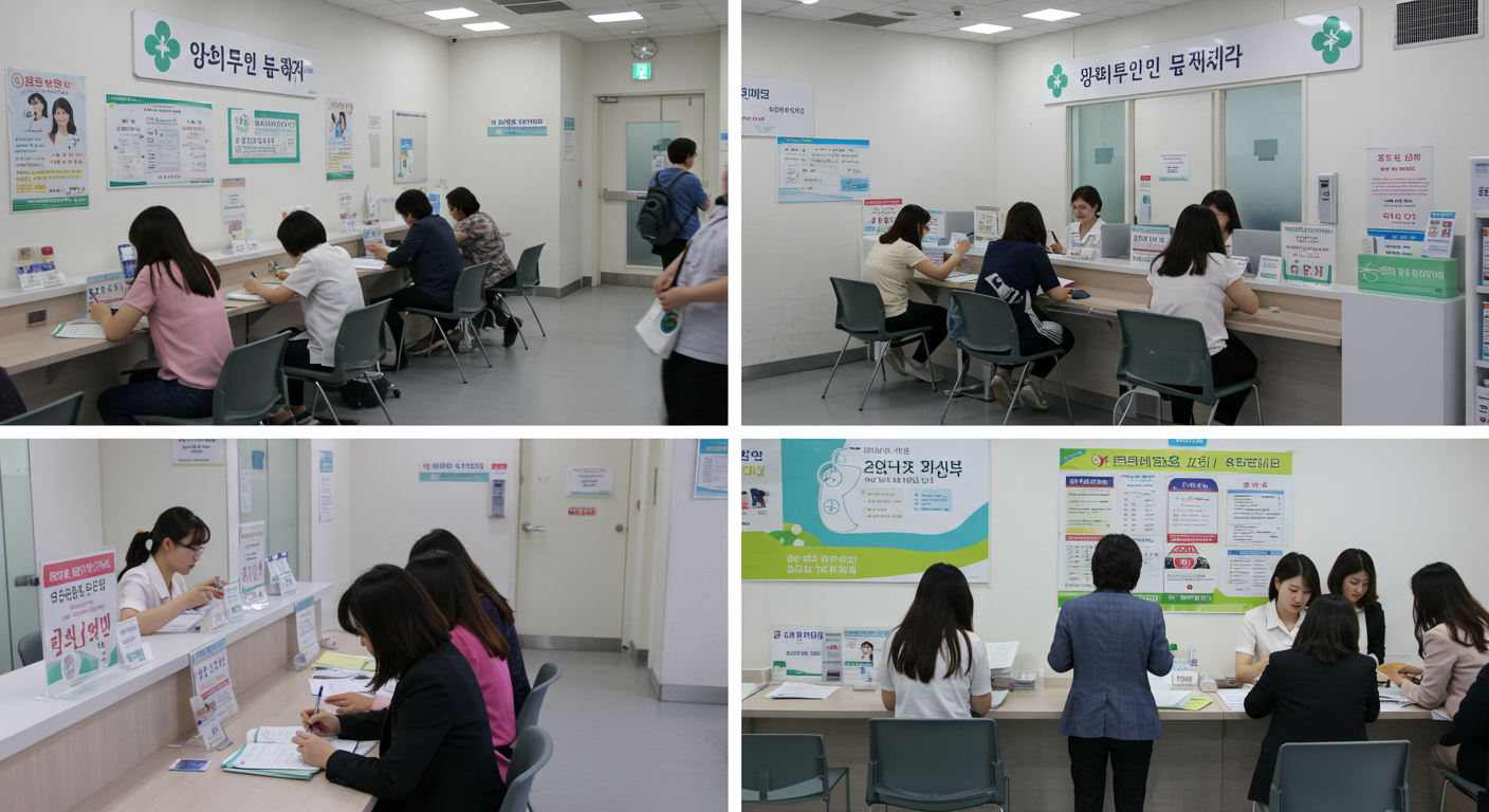한국 내 건강센터 내부에서 의료 검사를 기다리는 사람들로 구성된 보건증 발급 절차 단계