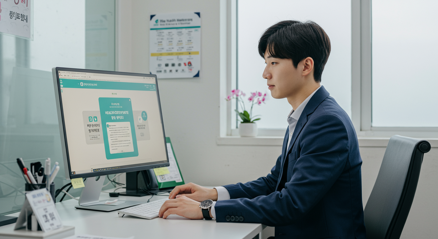 e-health 포털을 통해 건강 증명서를 다운로드하는 것과 지역 보건소를 방문하는 한국 직장인의 대비