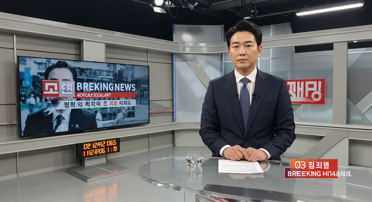 현대식 뉴스 스튜디오에서 지역 스캔들 뉴스를 전하는 아나운서