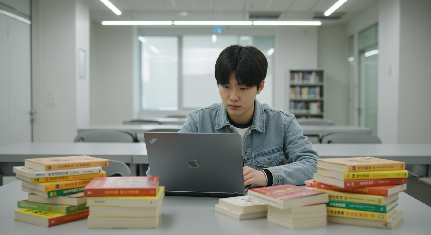 현대적인 도서관에서 중국어 책과 노트북을 보며 공부하는 학생의 모습