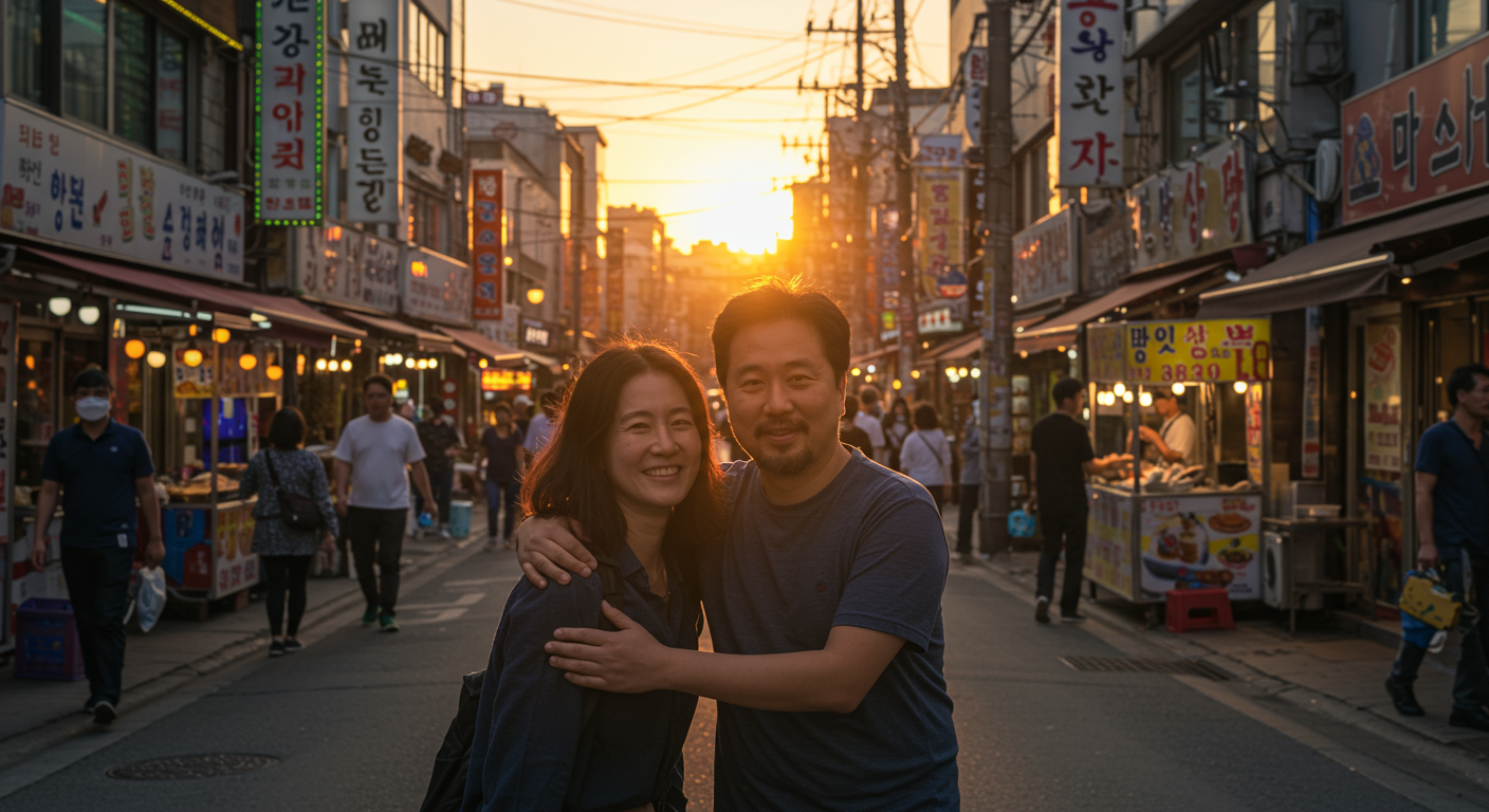 바쁜 서울 거리에서 해질녘에 우연히 만난 오랜 친구들