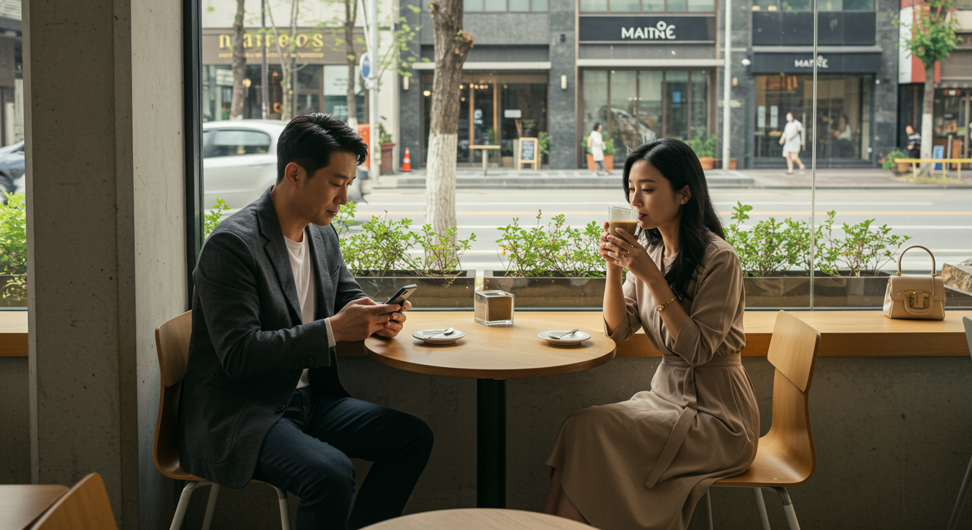 세련된 패션으로 스마트폰을 사용하는 40대 커플이 트렌디한 카페에서 여유를 즐기는 모습