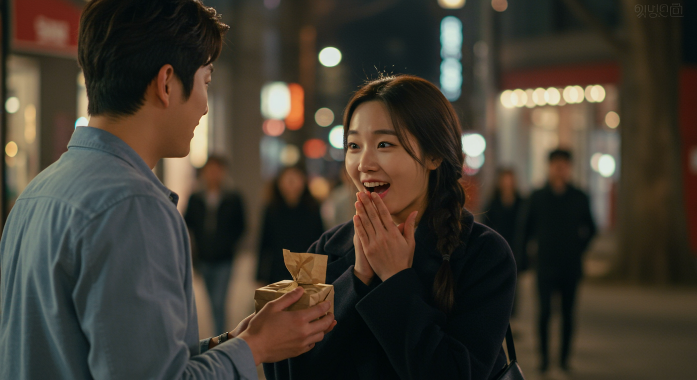 저녁 산책 중 작은 선물을 받고 기뻐하는 여성의 모습