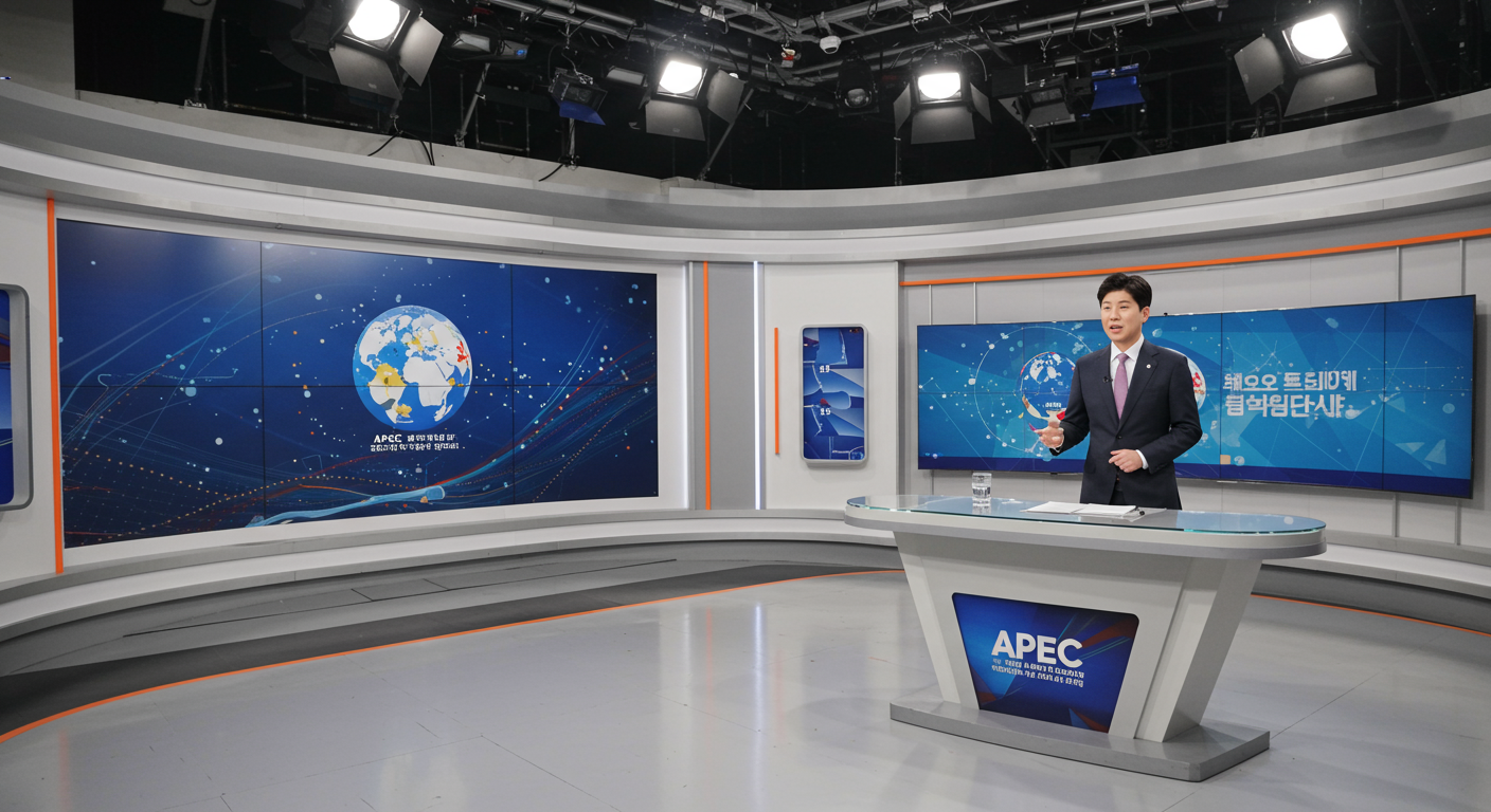 현대적인 한국 뉴스 스튜디오에서 앵커가 APEC의 중요성을 설명하는 모습