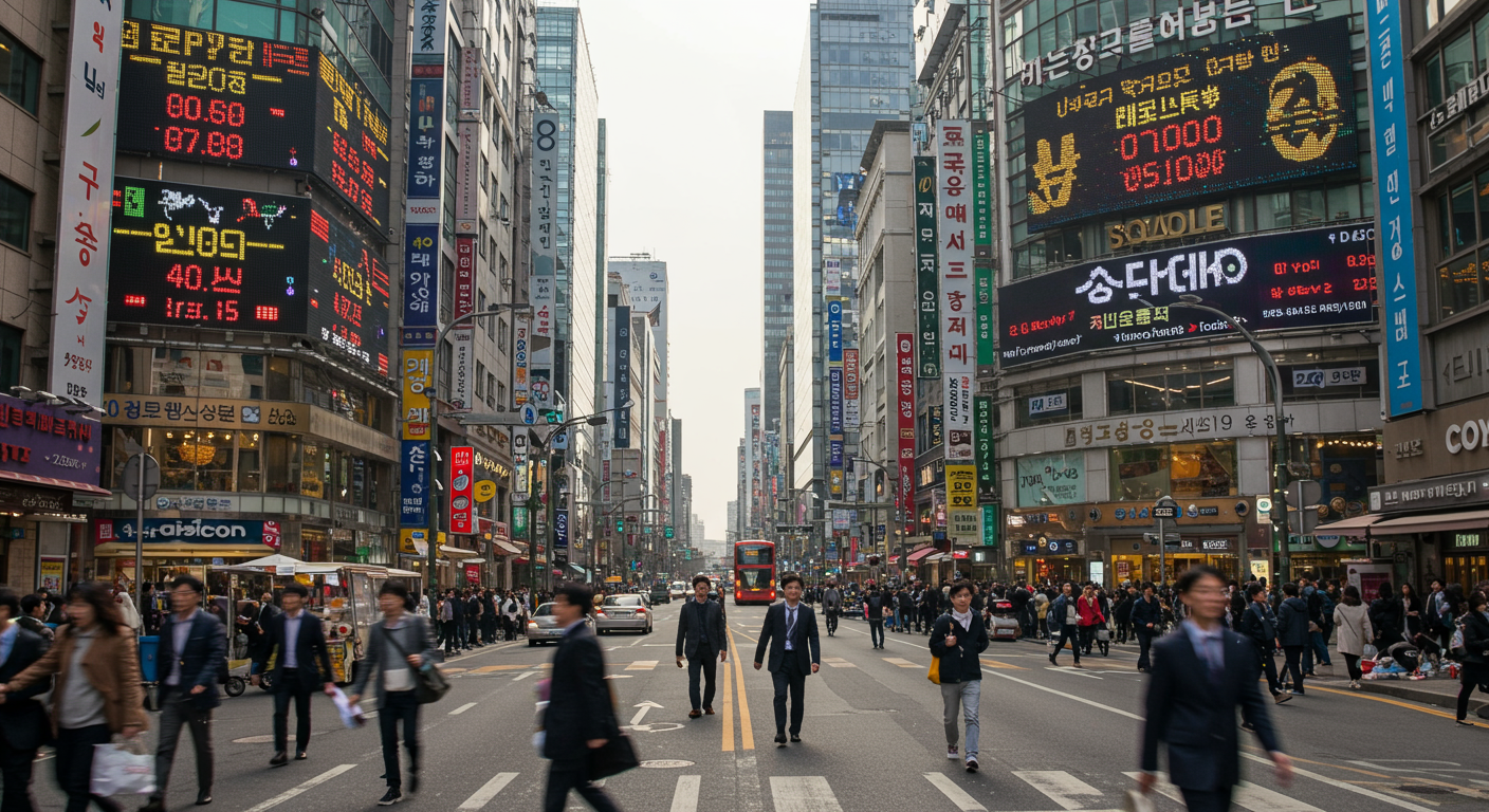 전광판에 원화와 달러로 표시된 금 시세가 나오는 번화한 금융 지구