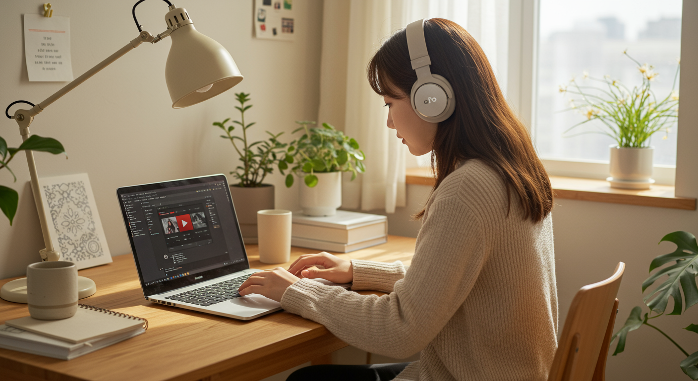 노트북으로 유튜브 음악을 MP3 파일로 변환 중인 젊은 사람