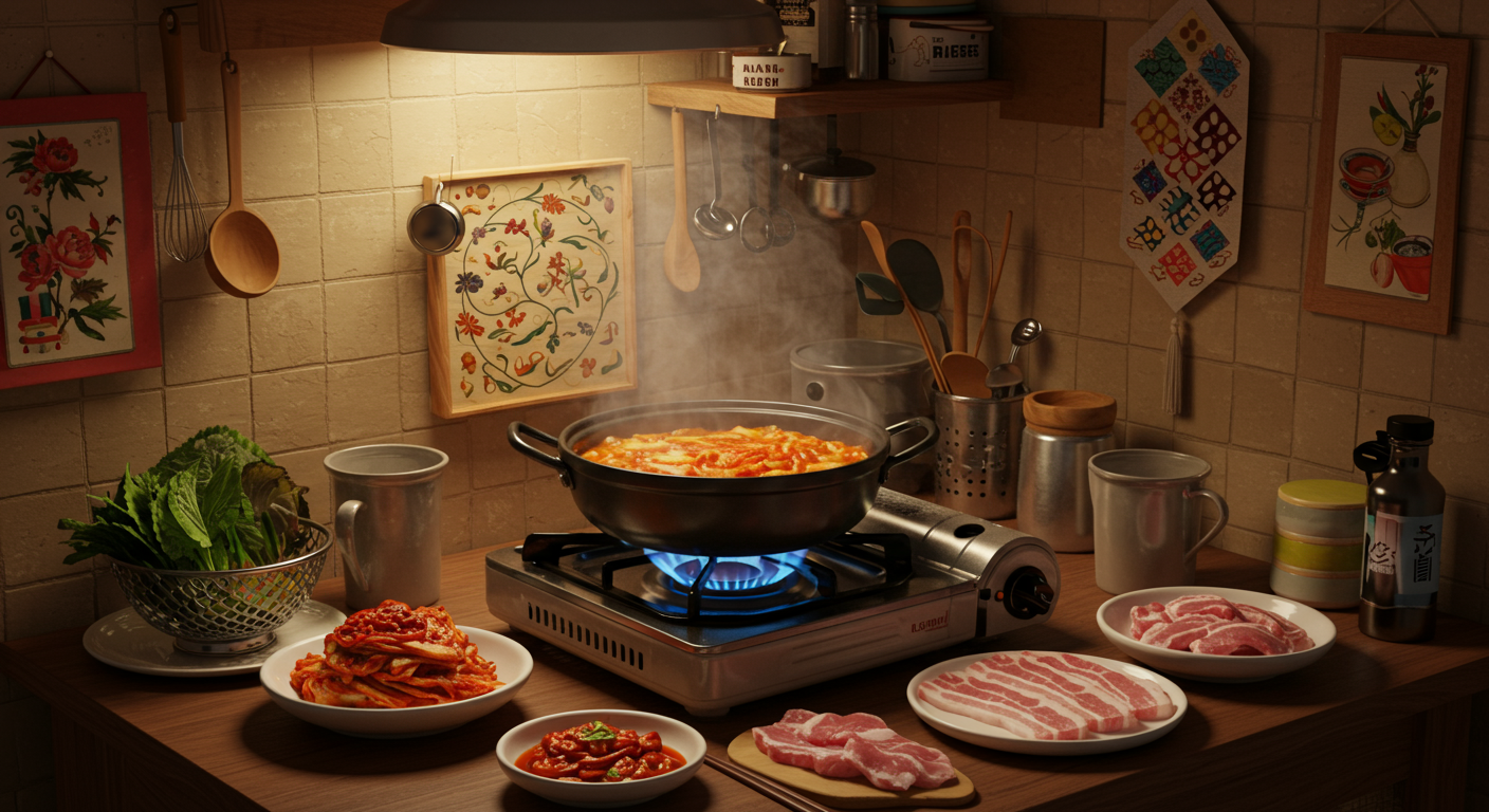 따뜻한 조명 아래 김치찌개가 끓고 있는 아늑한 한국 주방
