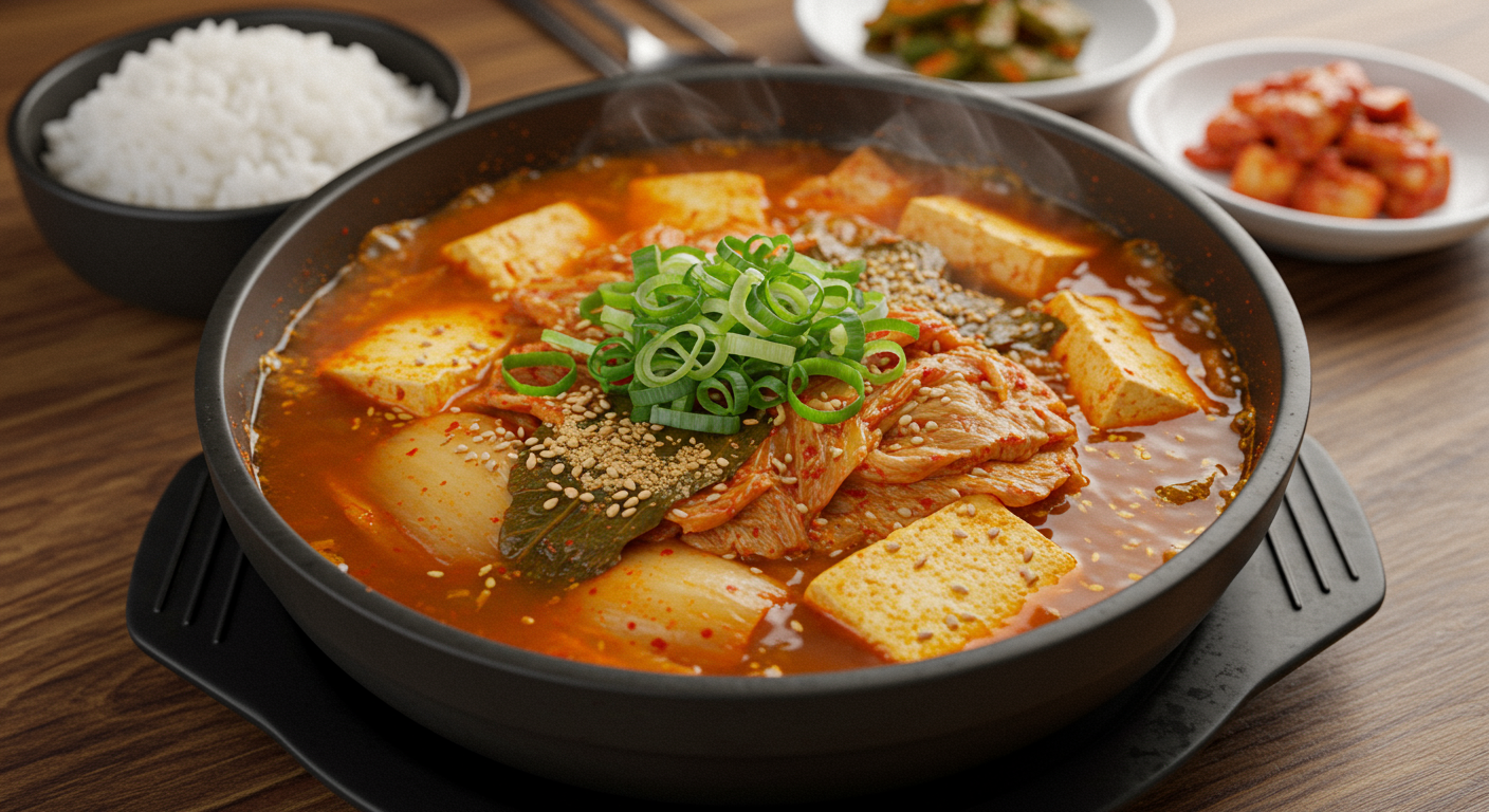 파와 깨로 장식된 맛있는 김치찌개 한 그릇과 밥 및 반찬