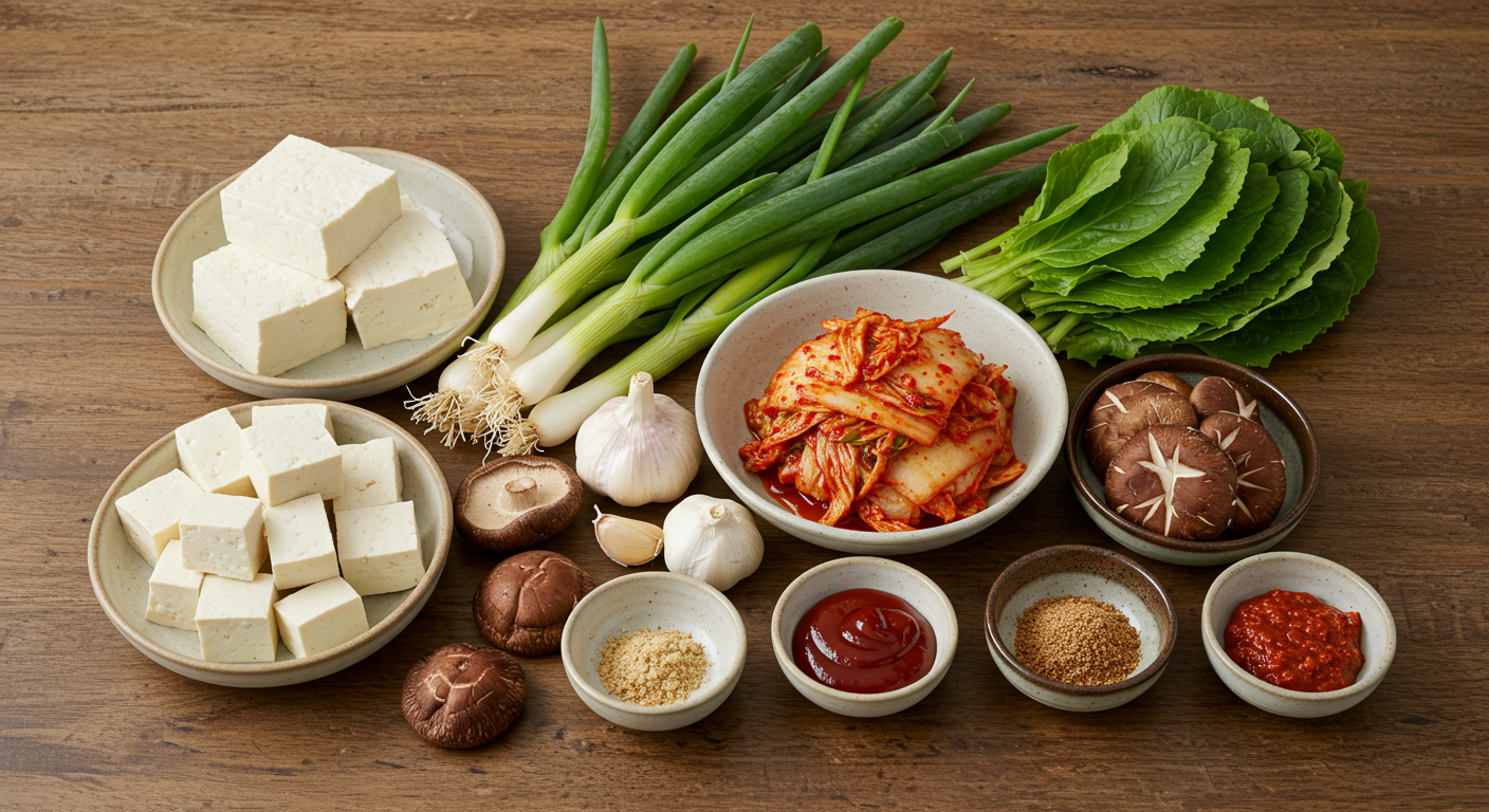 나무 테이블 위에 놓인 두부, 대파, 마늘, 표고버섯 등 청국장 찌개 재료들