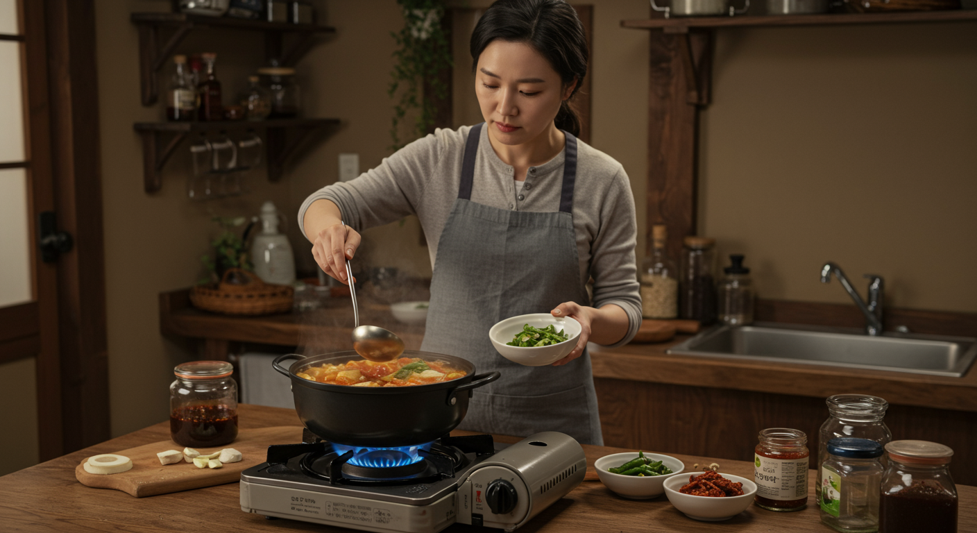 스토브 위에서 청국장 찌개를 요리하며 단계적으로 재료를 넣고 불을 조절하는 여성