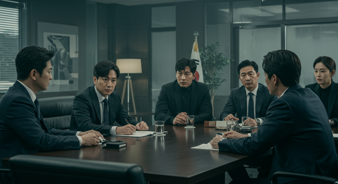 현대적인 사무실에서 진지하게 회의를 진행 중인 배우들