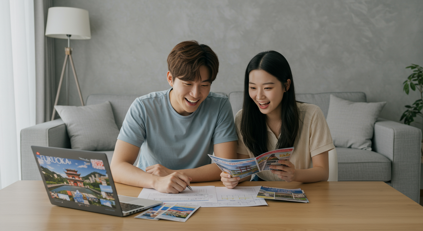 젊은 커플이 후쿠오카 여행을 계획하며 노트북과 여행 안내서를 보고 있는 모습