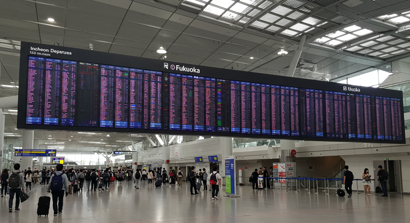 인천 공항 출발 보드에 표시된 다양한 후쿠오카행 항공편과 가격