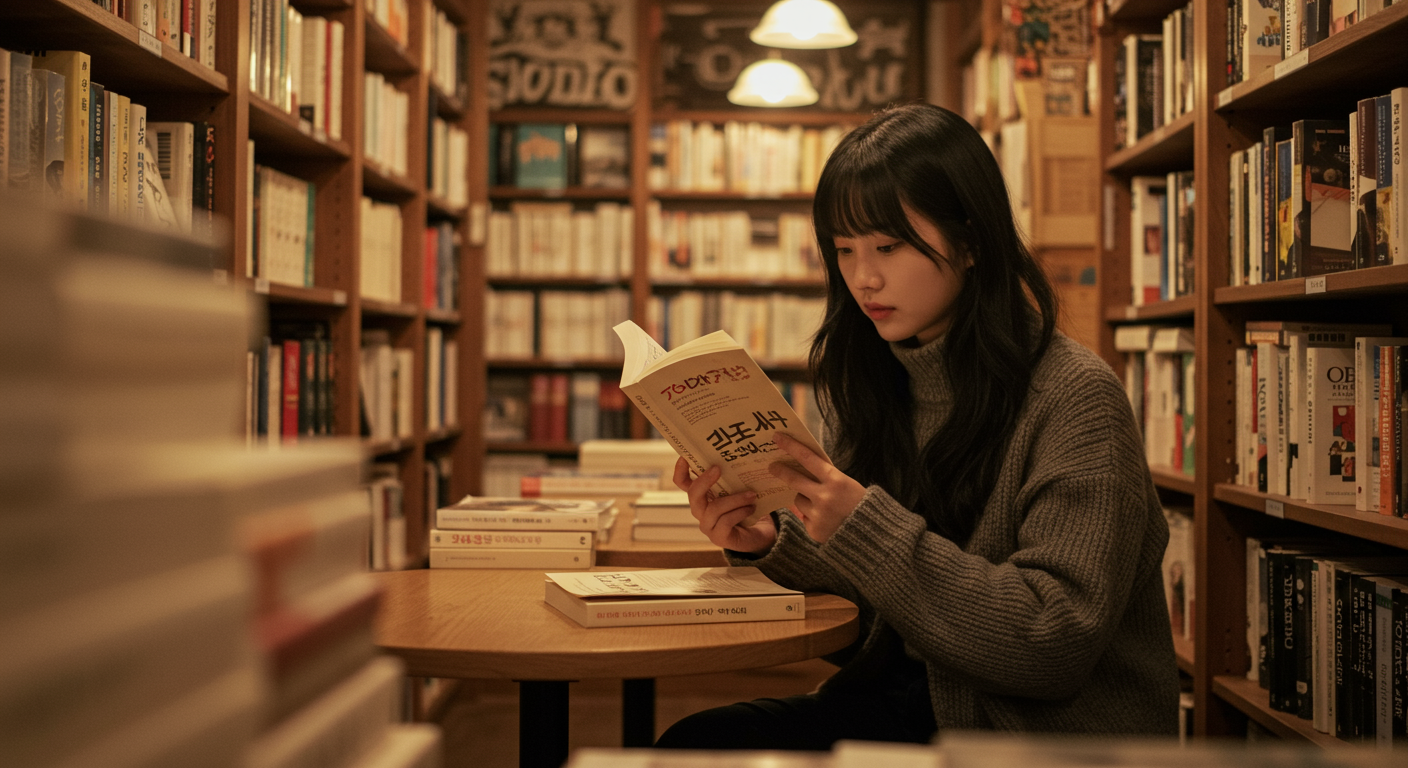북카페에서 '절창'을 읽고 있는 현대 한국 독자의 모습