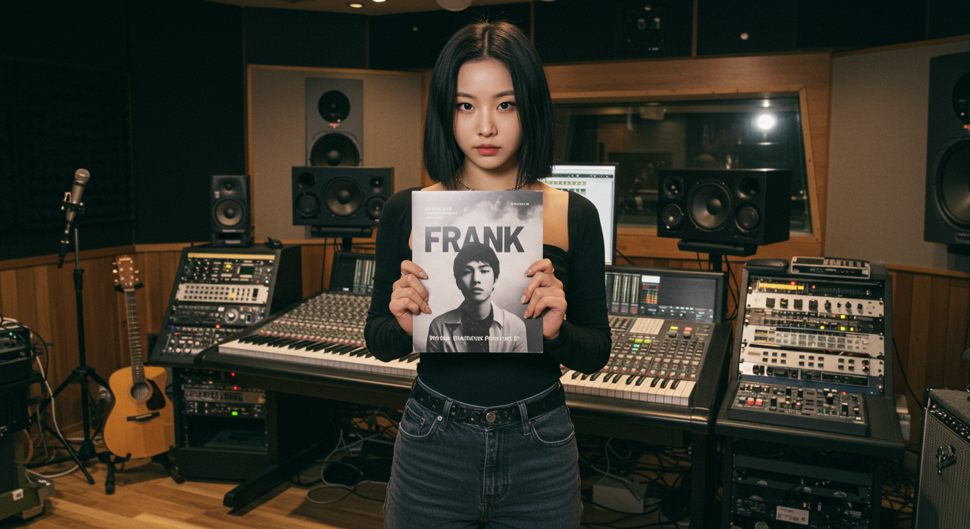 녹음실에서 첫 EP 앨범을 든 여성 뮤지션