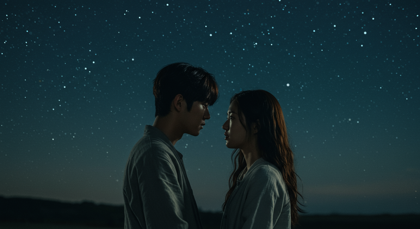 별이 빛나는 밤하늘 아래 두 배우의 극적인 장면