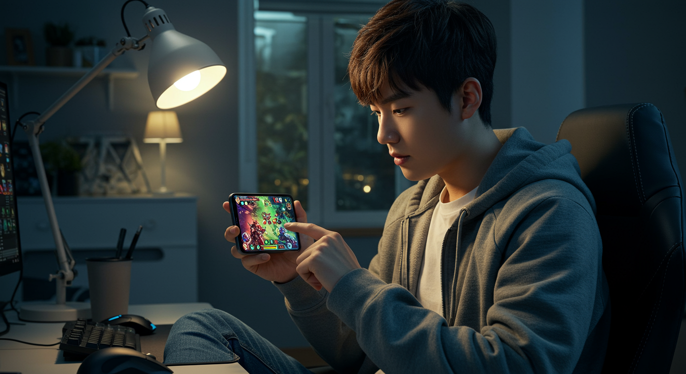 스마트폰으로 턴제 RPG 게임에 몰입하고 있는 현대적인 게이머의 모습