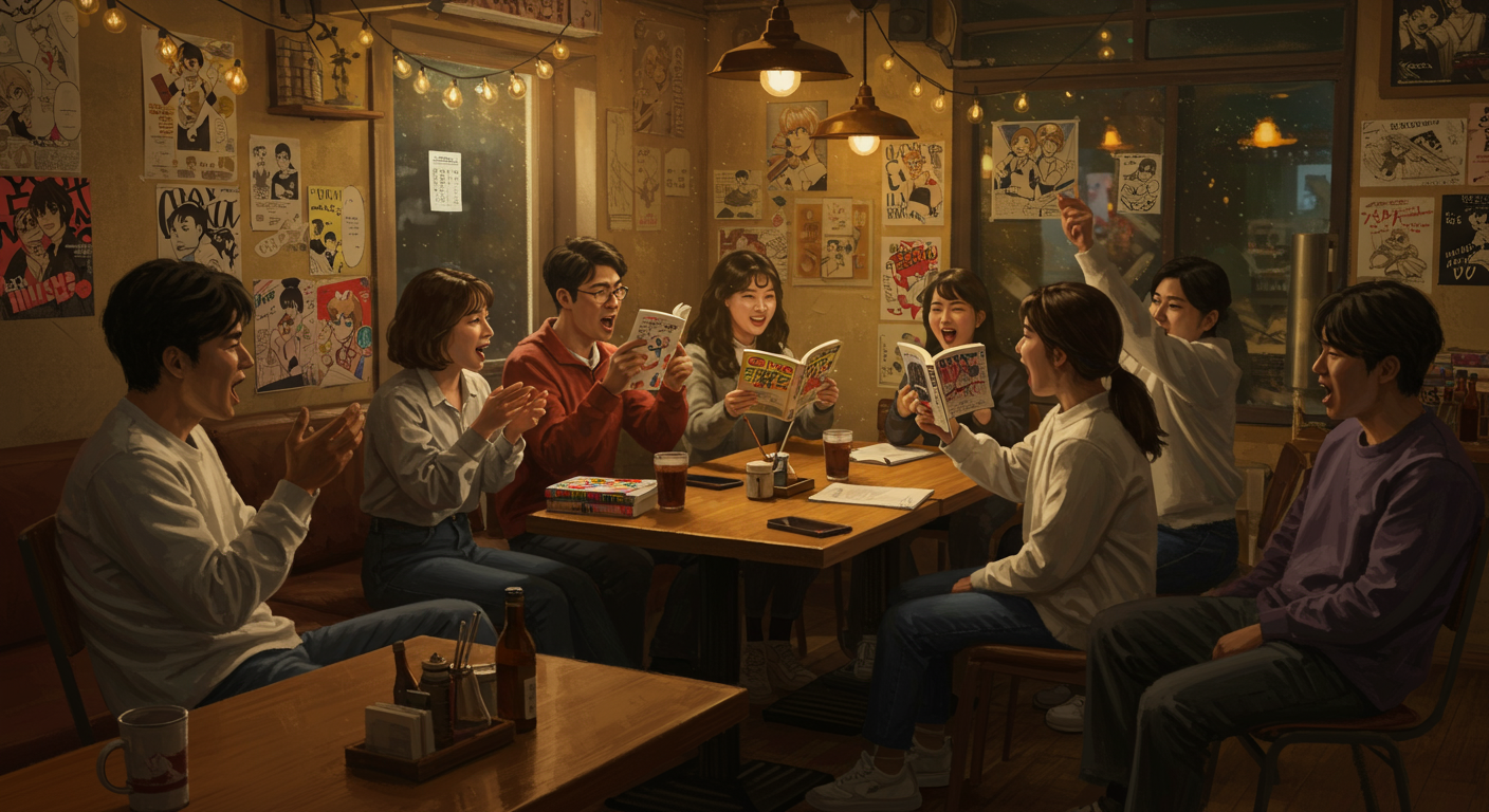 카페에서 가치아쿠타 신간을 토론하는 만화 팬들