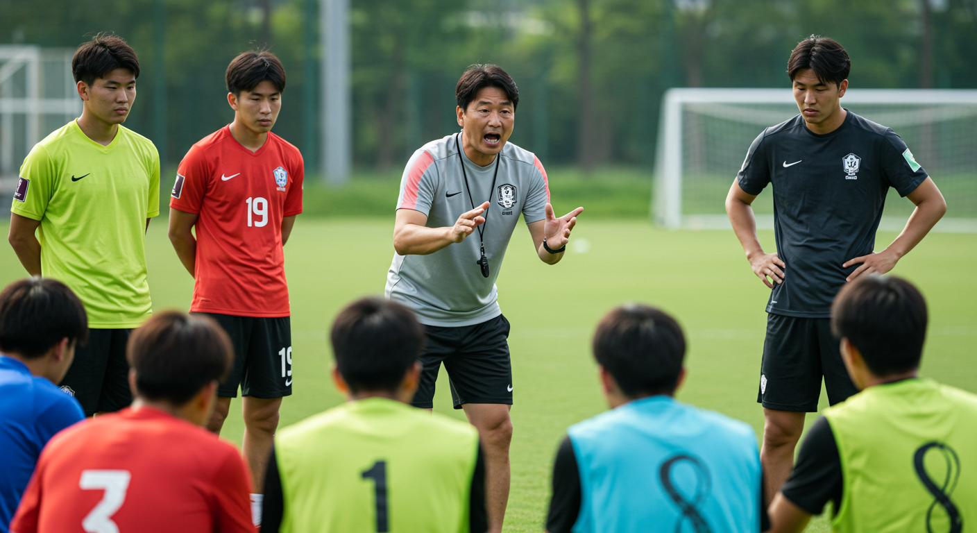 경기장에서 팀에게 전략을 설명하는 김동현 감독의 모습