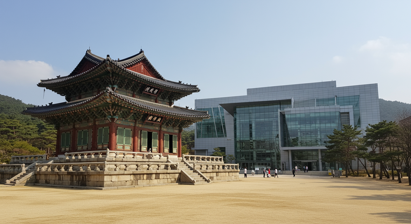 불국사 등 고대 랜드마크와 현대적 회의 시설이 조화된 경주의 풍경
