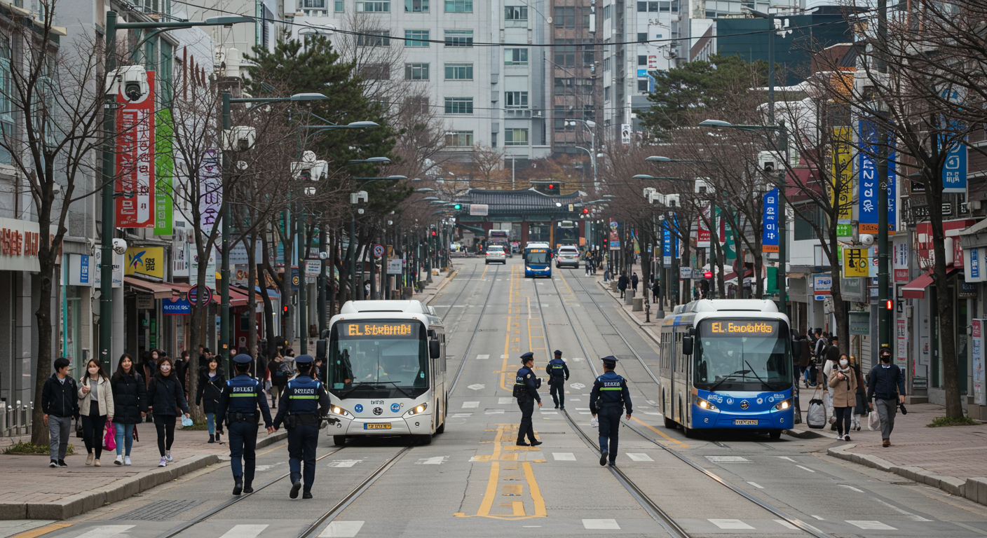 대중교통과 보안 조치가 강화된 바쁜 경주 시내 거리 모습
