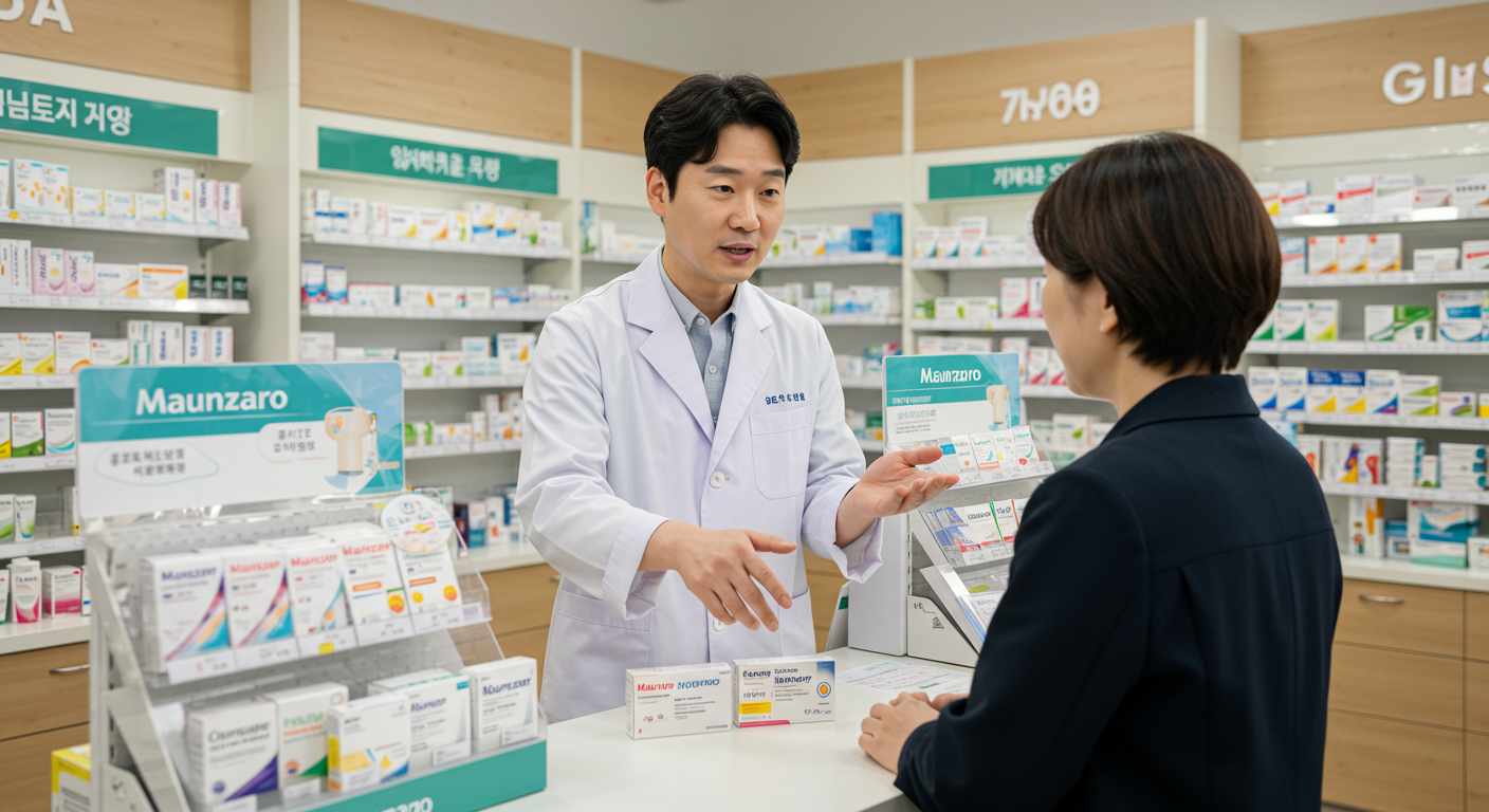 약사가 현대적인 약국에서 고객에게 마운자로를 설명하는 모습